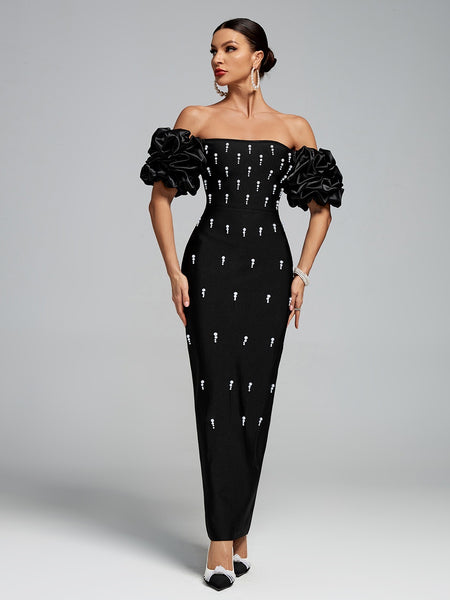 Off Shoulder Pearl Embellished Bandage Maxi Dress