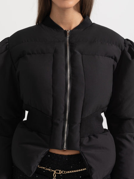 Cropped Puffer Jacket With Fitted Waistline - Black