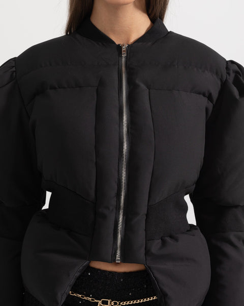 Cropped Puffer Jacket With Fitted Waistline - Black