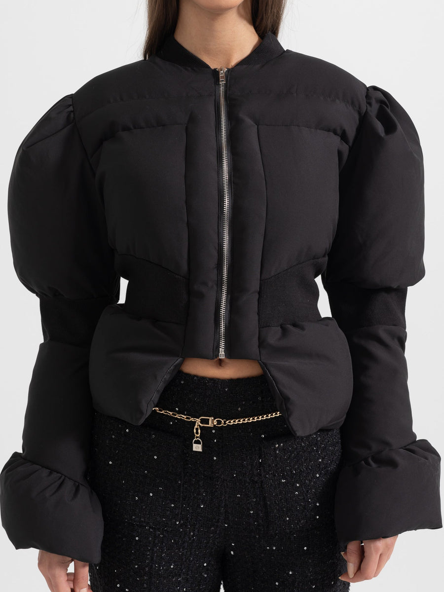 Cropped Puffer Jacket With Fitted Waistline - Black
