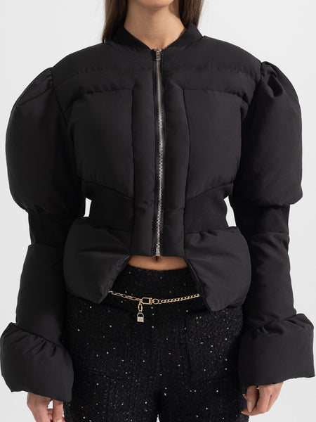 Cropped Puffer Jacket With Fitted Waistline - Black