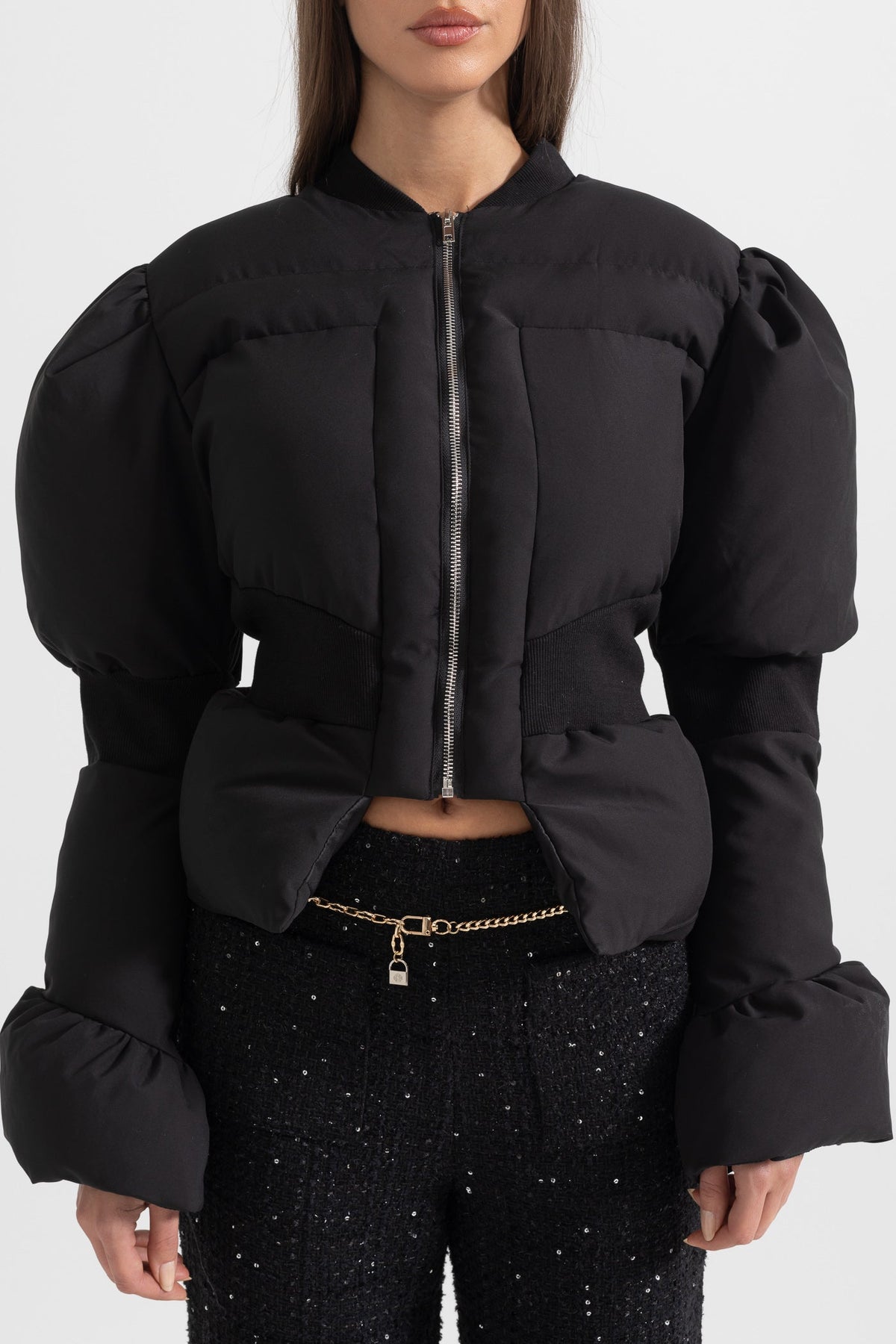 Galatea — Cropped Puffer Jacket With Fitted Waistline - Black, alternate view 3
