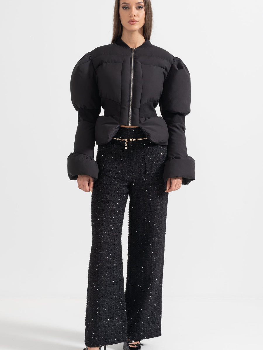 Cropped Puffer Jacket With Fitted Waistline - Black