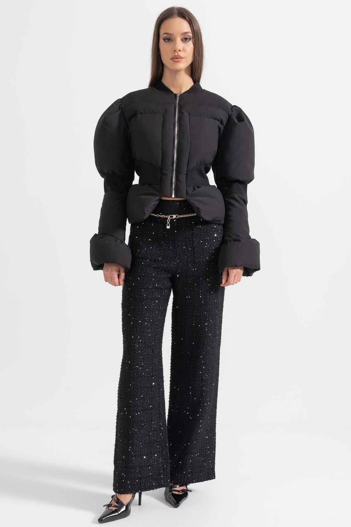 Galatea — Cropped Puffer Jacket With Fitted Waistline - Black, alternate view 4