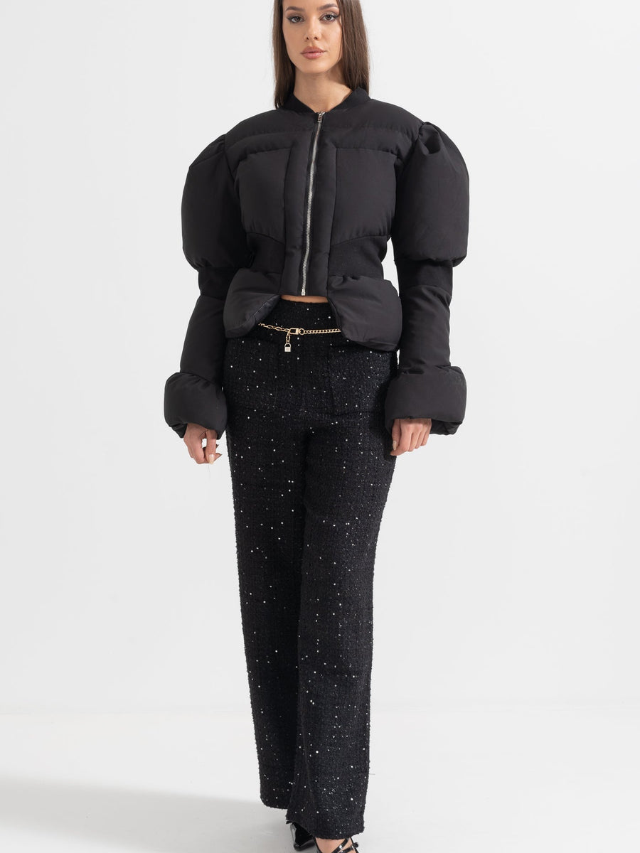 Cropped Puffer Jacket With Fitted Waistline - Black