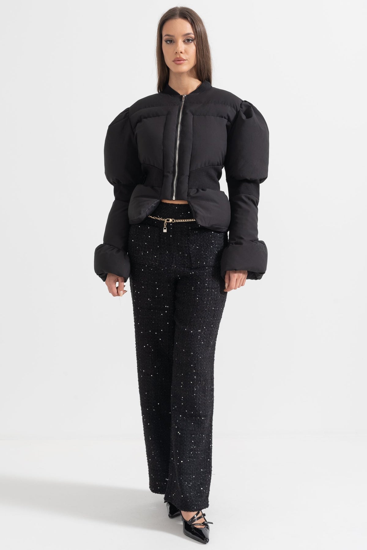 Galatea — Cropped Puffer Jacket With Fitted Waistline - Black, alternate view 5