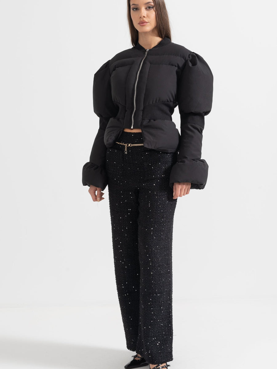 Cropped Puffer Jacket With Fitted Waistline - Black