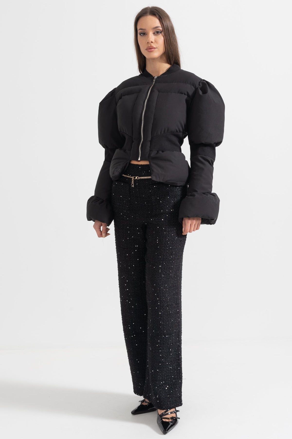 Galatea — Cropped Puffer Jacket With Fitted Waistline - Black, alternate view 6