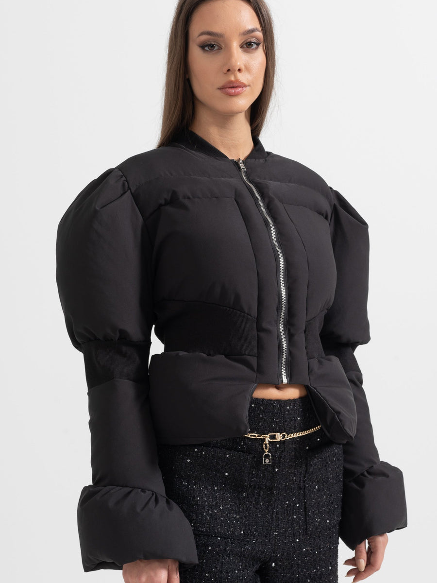 Cropped Puffer Jacket With Fitted Waistline - Black