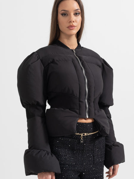 Cropped Puffer Jacket With Fitted Waistline - Black