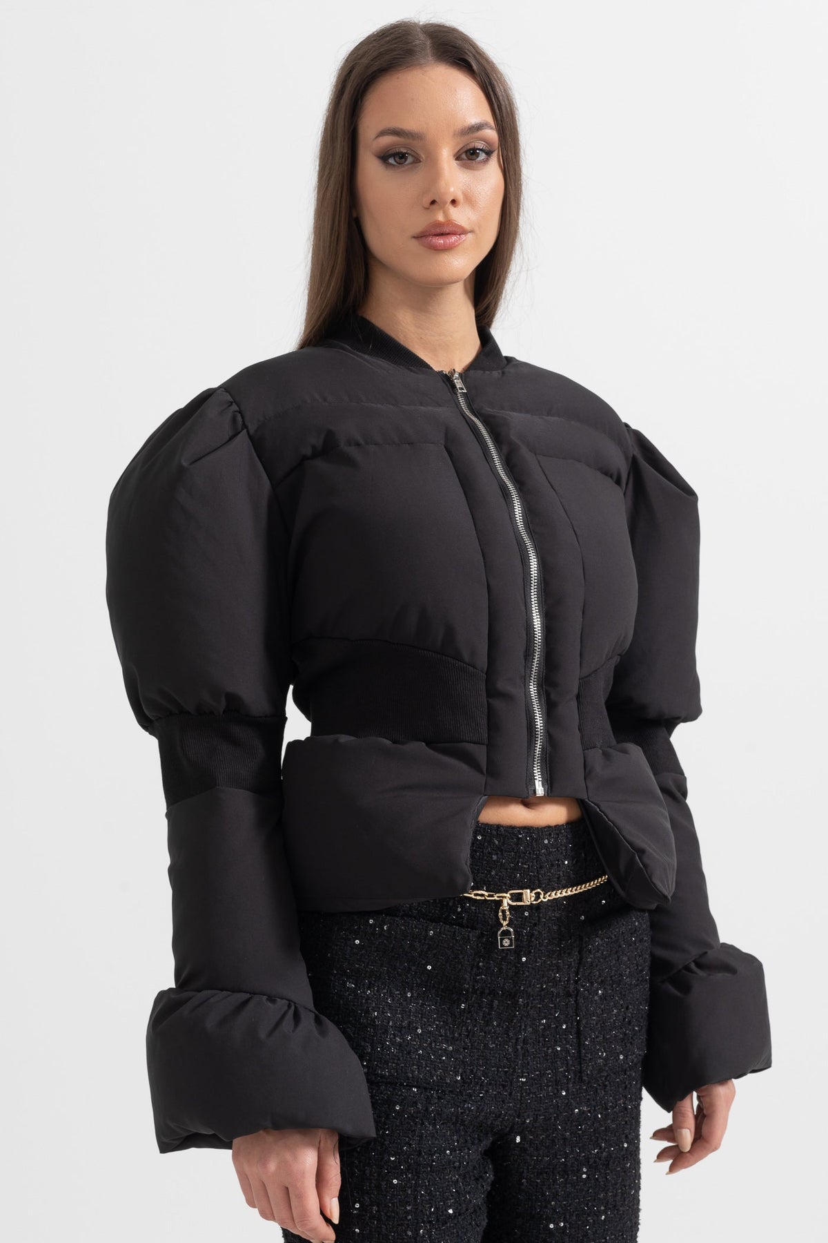 Galatea — Cropped Puffer Jacket With Fitted Waistline - Black, alternate view 7