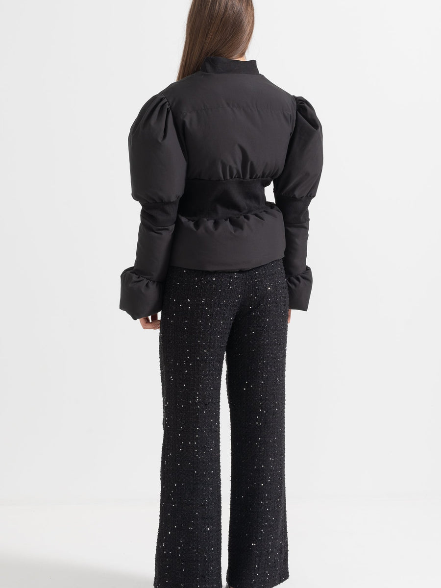 Cropped Puffer Jacket With Fitted Waistline - Black