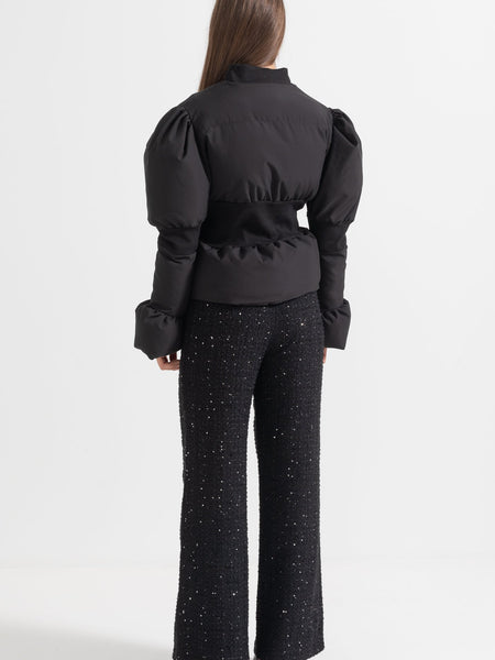 Cropped Puffer Jacket With Fitted Waistline - Black