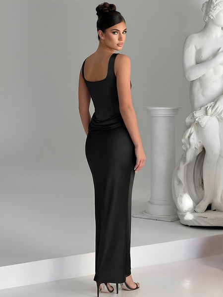 Figurbetontes Maxikleid mit eckigem Ausschnitt und Falten