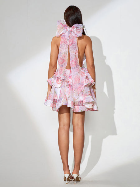 Slim Bow Tie Knot and Puff Style Skirt with Open Back