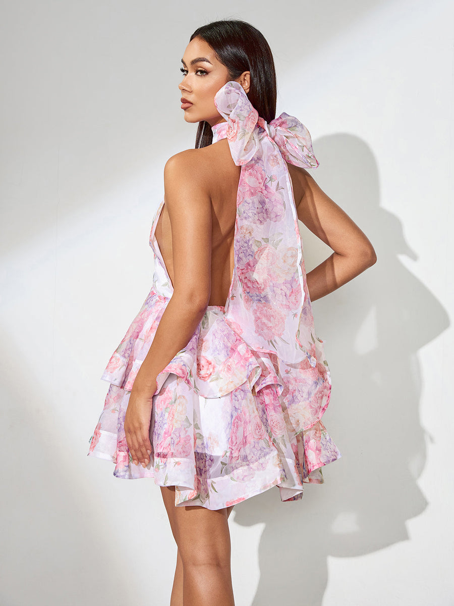 Slim Bow Tie Knot and Puff Style Skirt with Open Back