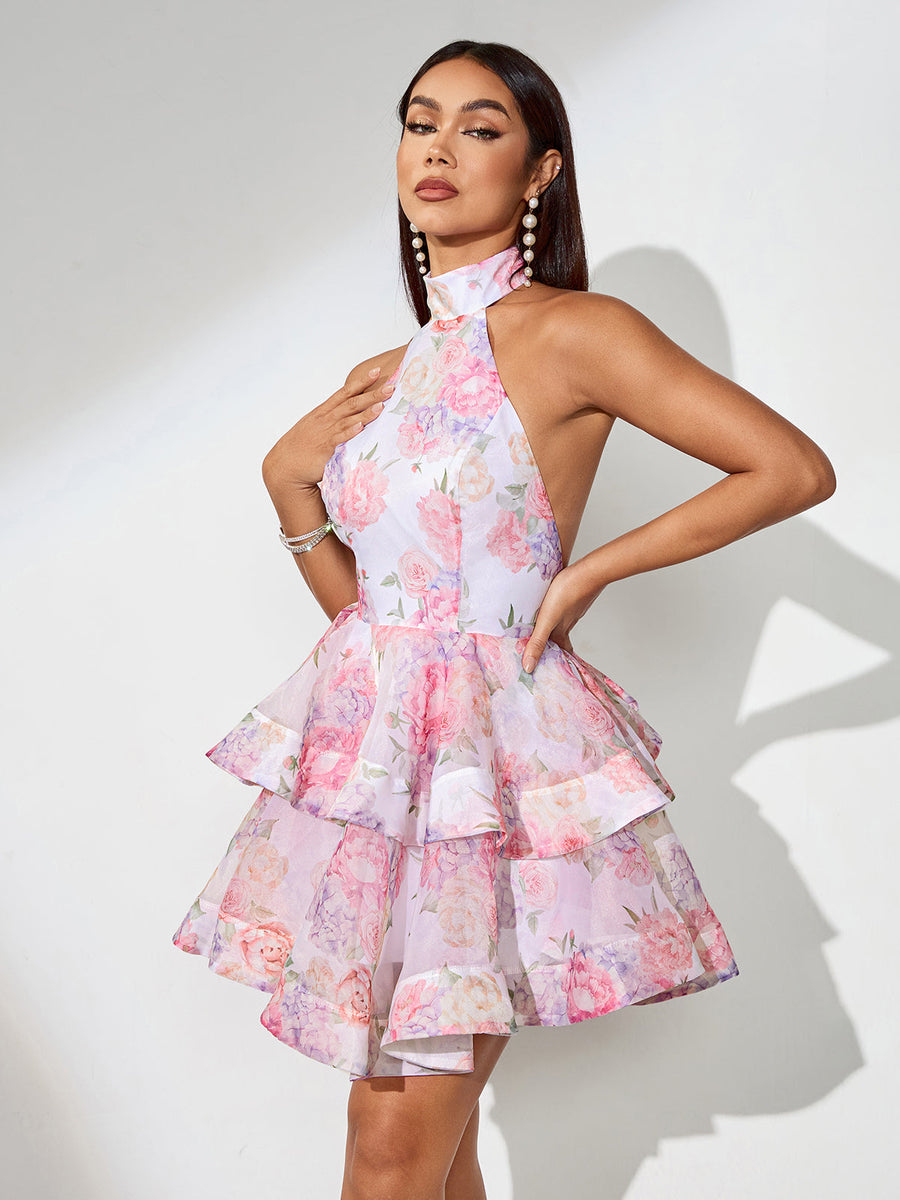 Slim Bow Tie Knot and Puff Style Skirt with Open Back