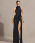 High Neck Girdle Ruched High-Slit Dress