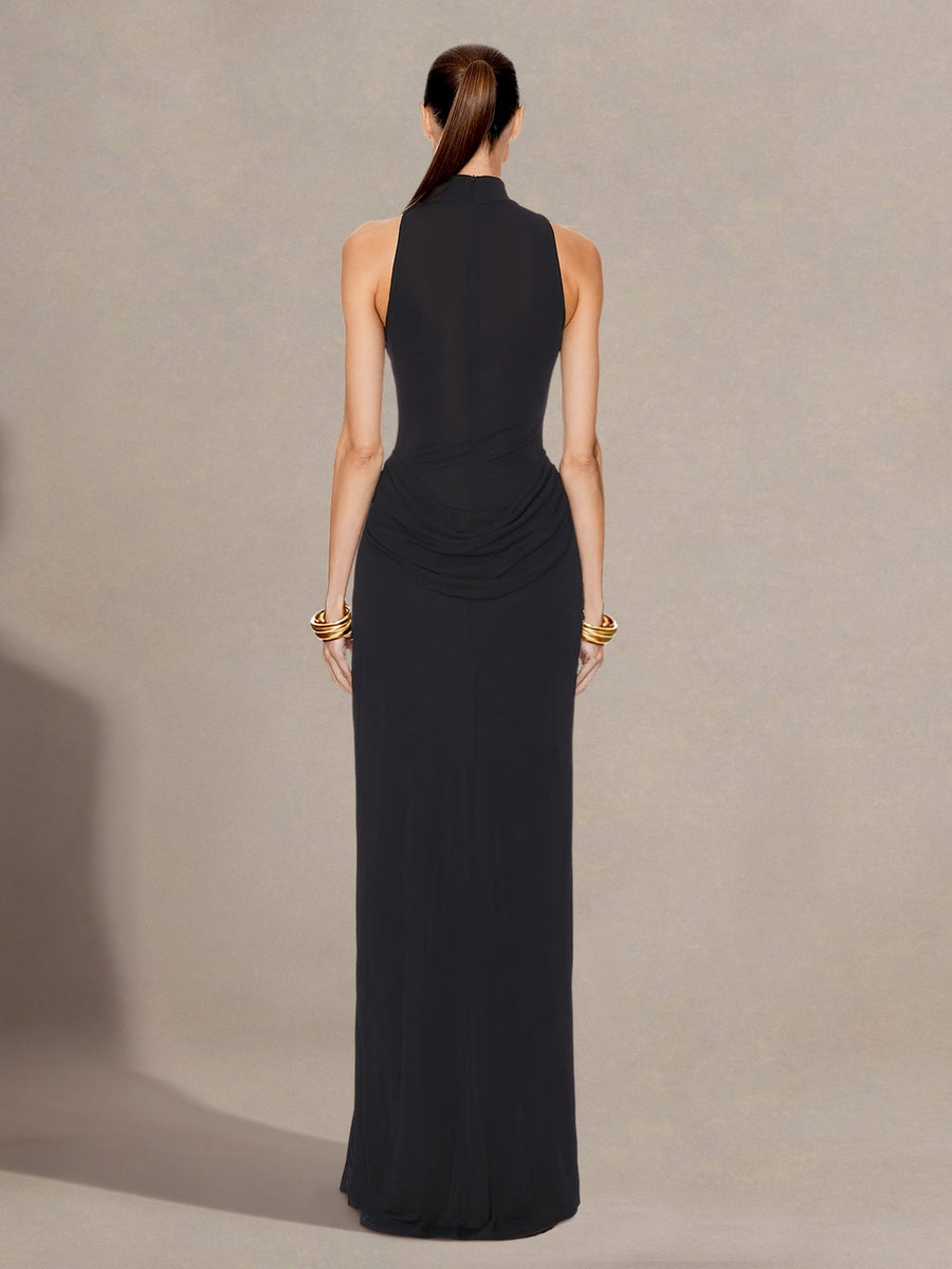 High Neck Girdle Ruched High-Slit Dress