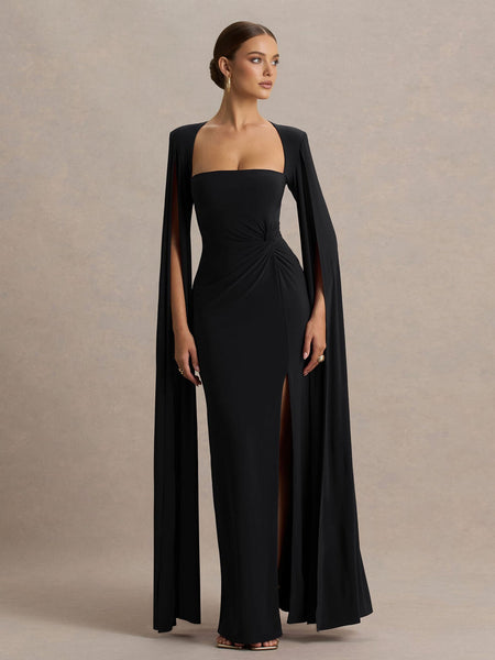 Square Collar Floor-Length Sleeves High-Slit Dress