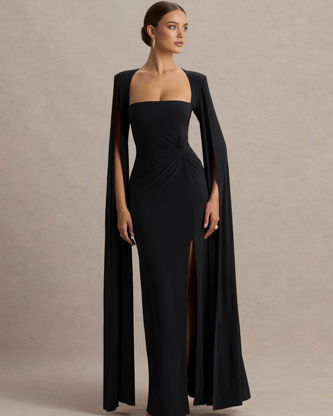 Square Collar Floor-Length Sleeves High-Slit Dress
