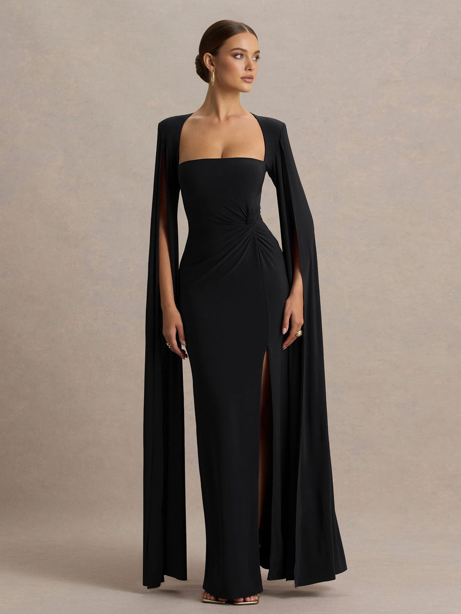 Sol Capri — Square Collar Floor-Length Sleeves High-Slit Dress