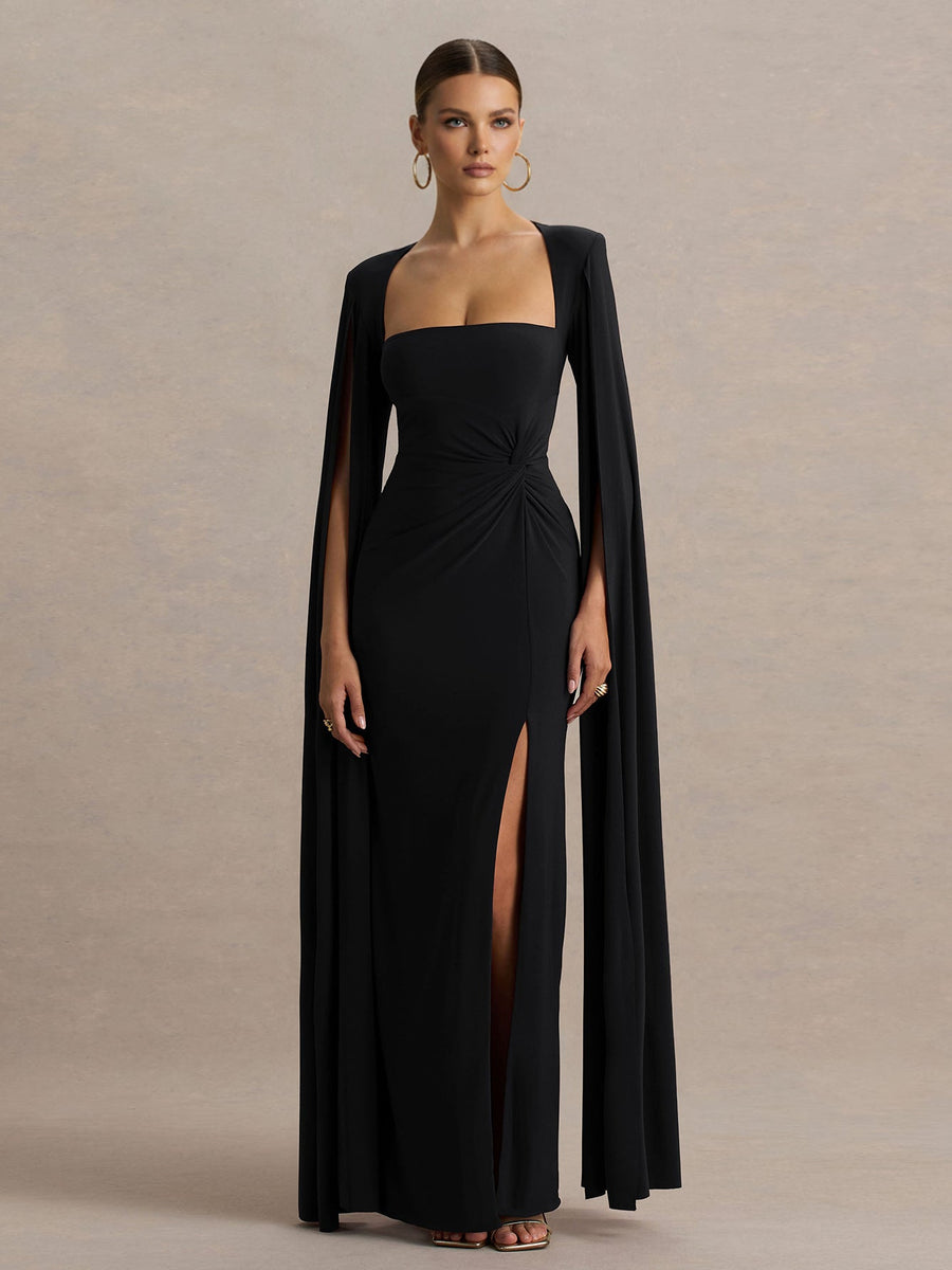 Square Collar Floor-Length Sleeves High-Slit Dress