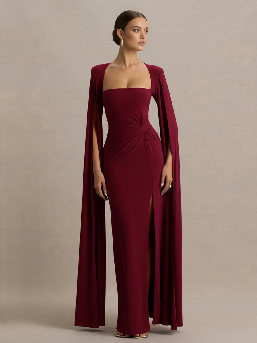 Square Collar Floor-Length Sleeves High-Slit Dress