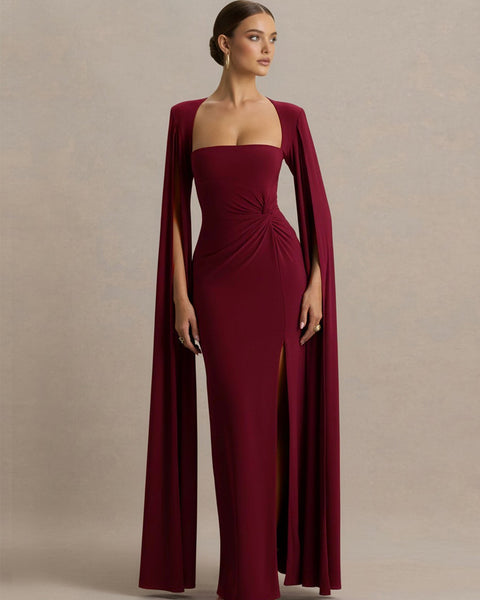 Quadratischer Ausschnitt Bodenlang Ärmel Hochgeschlitztes Kleid