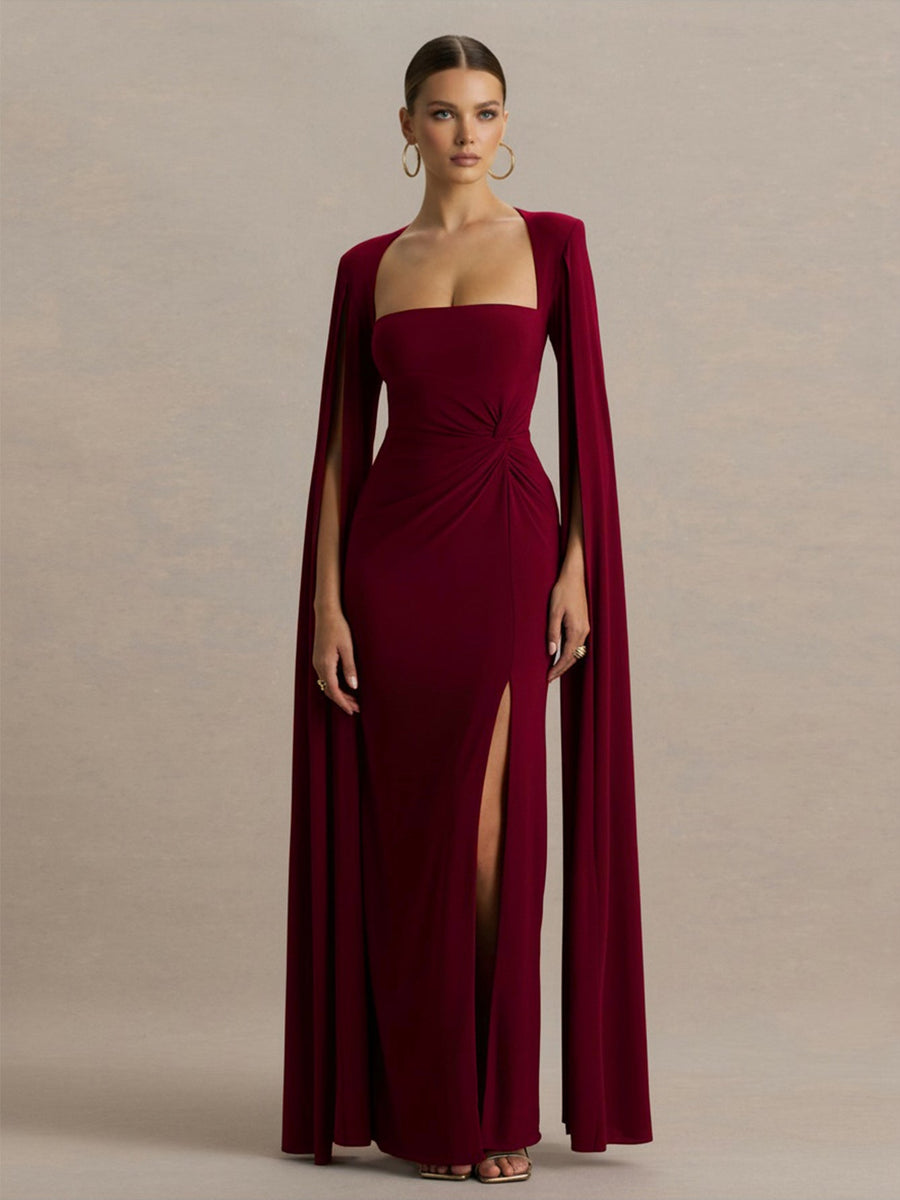 Square Collar Floor-Length Sleeves High-Slit Dress