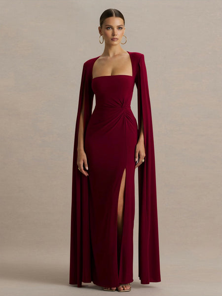 Square Collar Floor-Length Sleeves High-Slit Dress