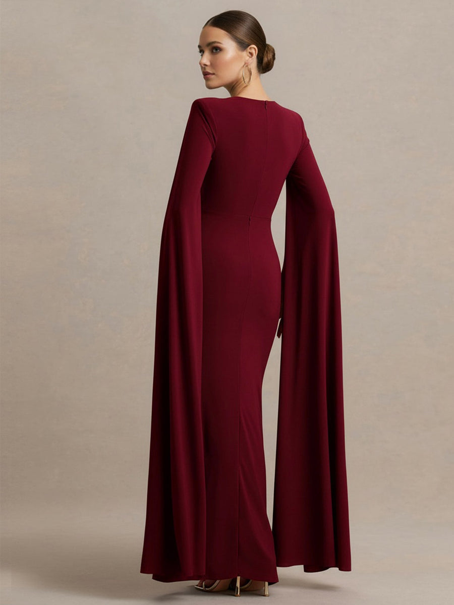 Square Collar Floor-Length Sleeves High-Slit Dress