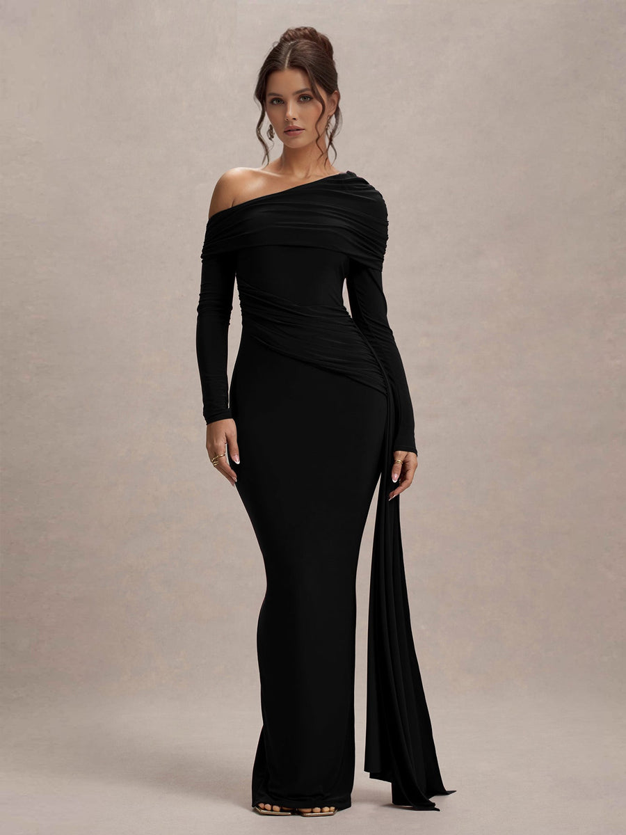 Slanted Shoulder Ruffle Drape Maxi Dress