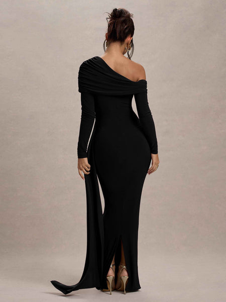 Slanted Shoulder Ruffle Drape Maxi Dress