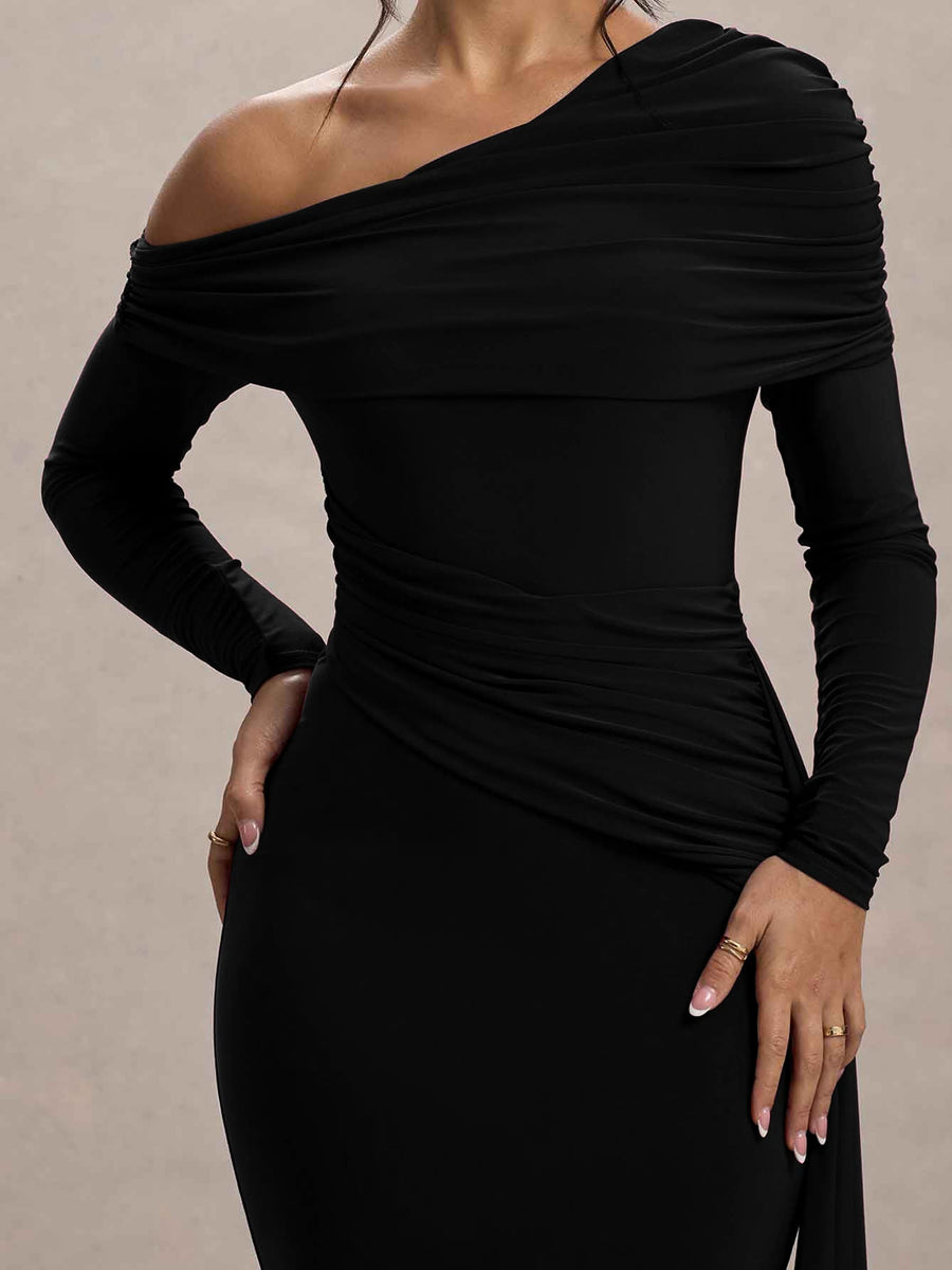 Slanted Shoulder Ruffle Drape Maxi Dress