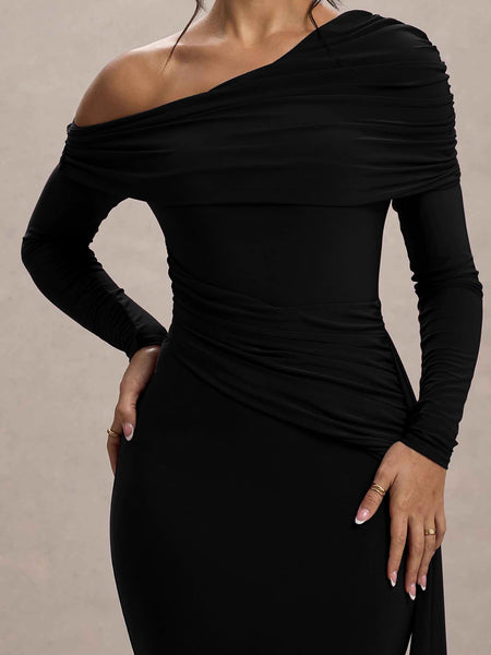 Slanted Shoulder Ruffle Drape Maxi Dress