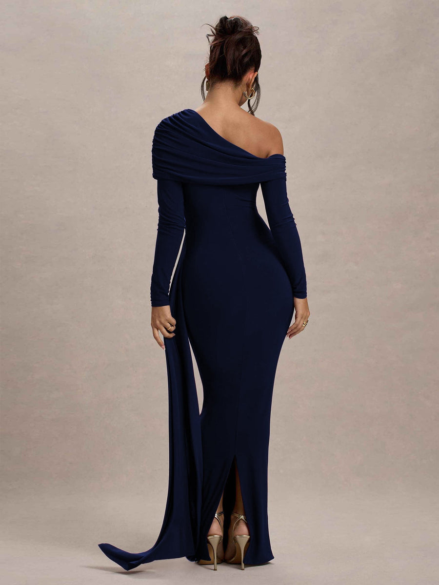 Slanted Shoulder Ruffle Drape Maxi Dress