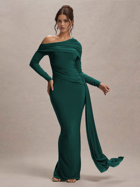 Slanted Shoulder Ruffle Drape Maxi Dress