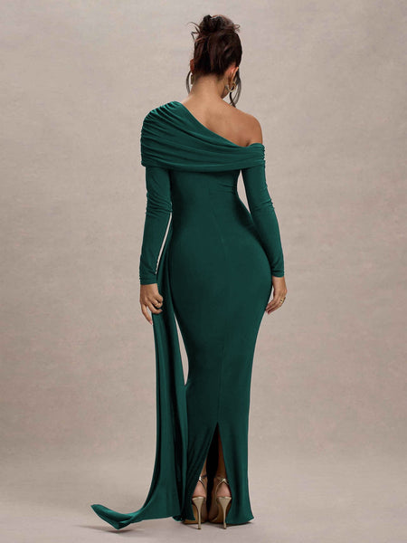 Slanted Shoulder Ruffle Drape Maxi Dress