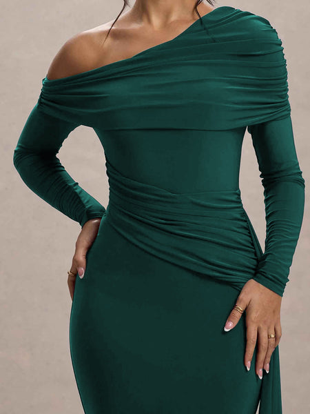 Slanted Shoulder Ruffle Drape Maxi Dress