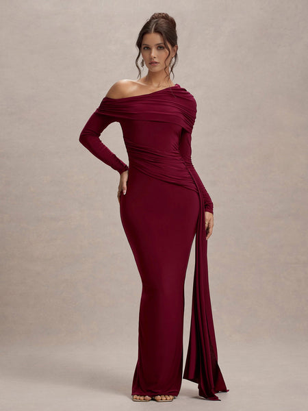 Slanted Shoulder Ruffle Drape Maxi Dress