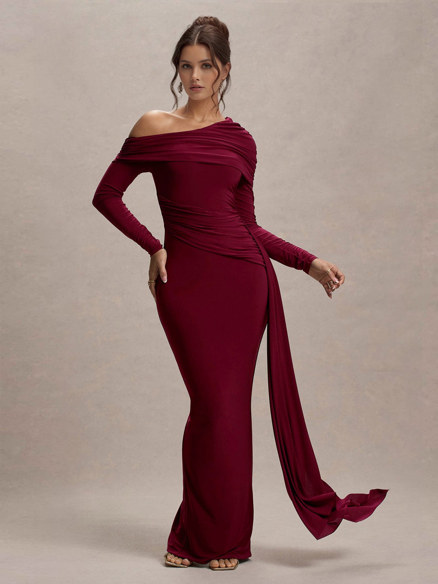 Slanted Shoulder Ruffle Drape Maxi Dress