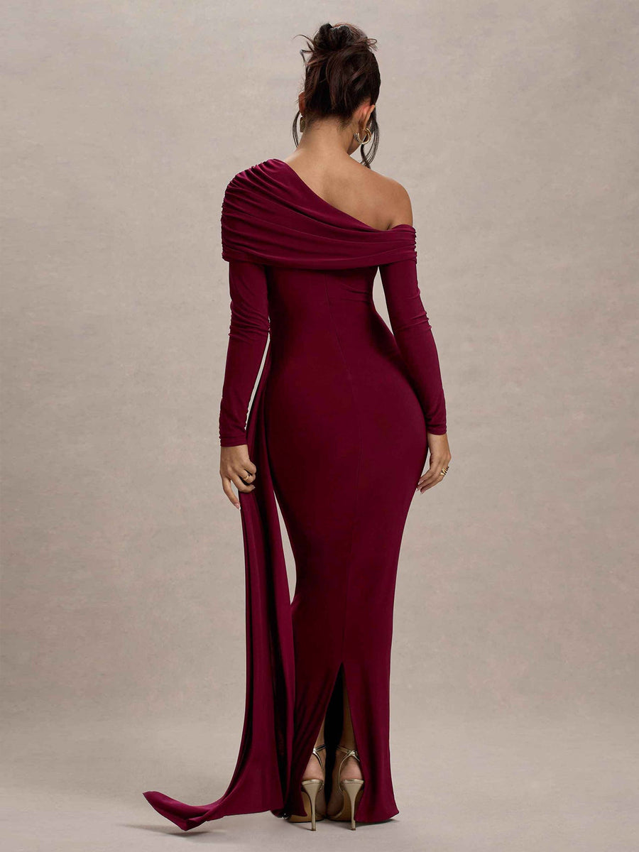 Slanted Shoulder Ruffle Drape Maxi Dress