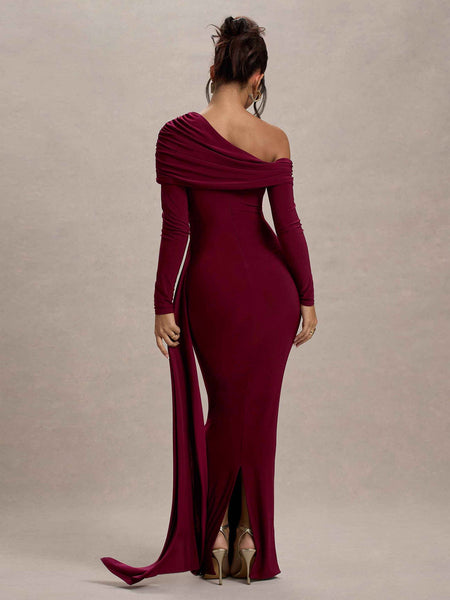 Slanted Shoulder Ruffle Drape Maxi Dress