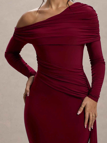 Slanted Shoulder Ruffle Drape Maxi Dress