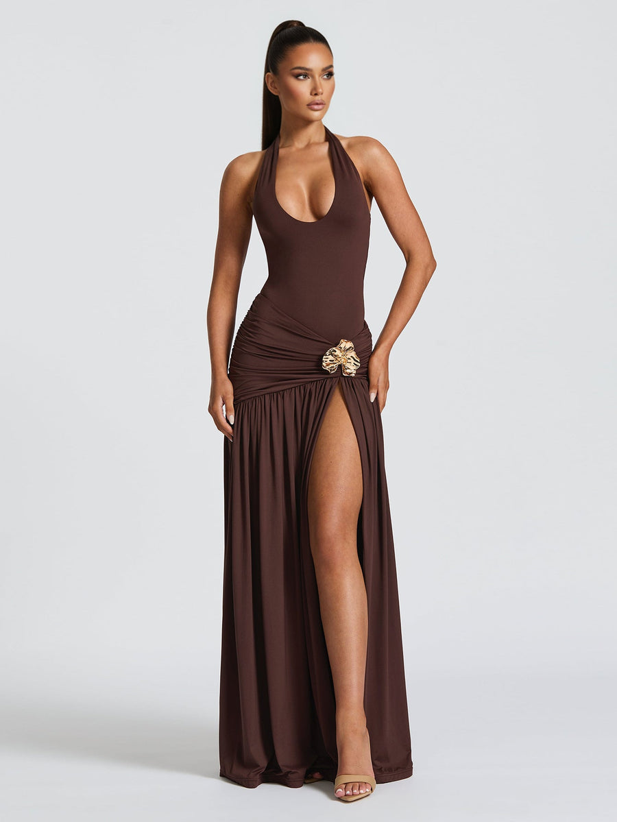 Ocean Capri — Low-Cut Ruched High Slit Dress Set
