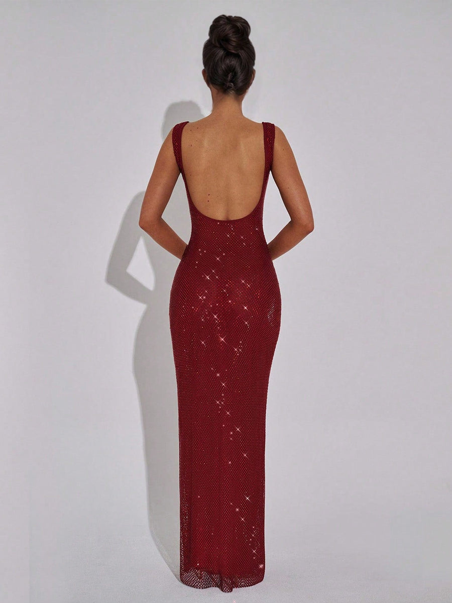 Sparkly Rhinestone Backless Maxi Dress