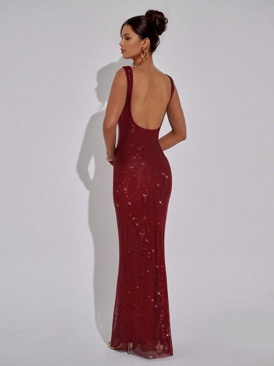 Sparkly Rhinestone Backless Maxi Dress