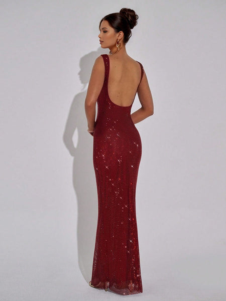 Sparkly Rhinestone Backless Maxi Dress
