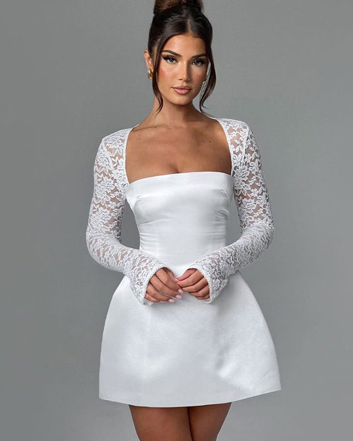 Short satin dress with lace sleeves in A-line style